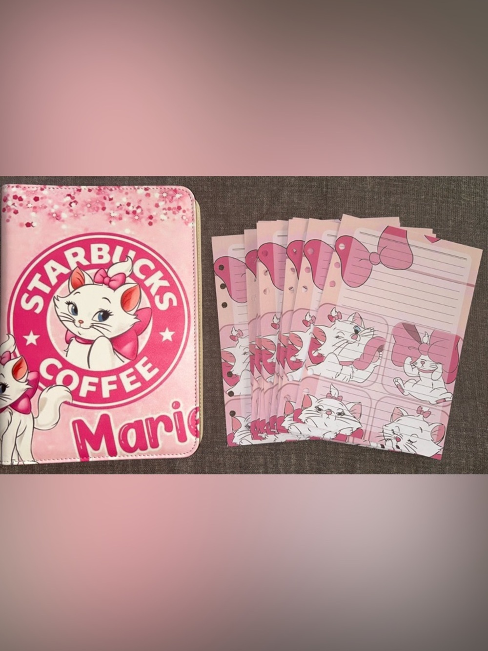 Pink Marie Cat-Themed A5 Zipper Binder Pouch and refill paper Set